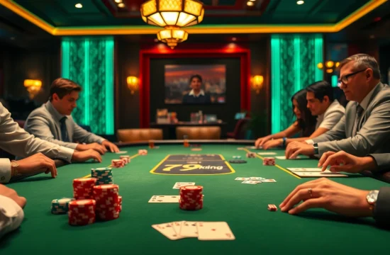 Gamblers strategizing around a luxurious poker table at 79king casino, capturing the excitement of high-stakes gaming.