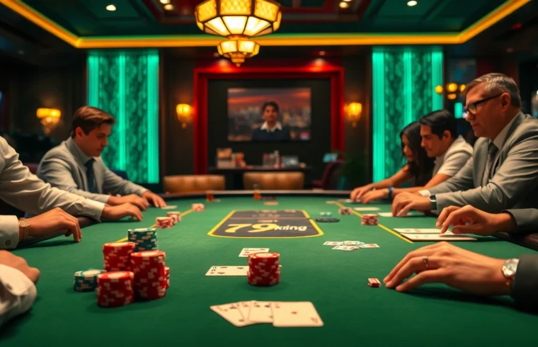 Gamblers strategizing around a luxurious poker table at 79king casino, capturing the excitement of high-stakes gaming.