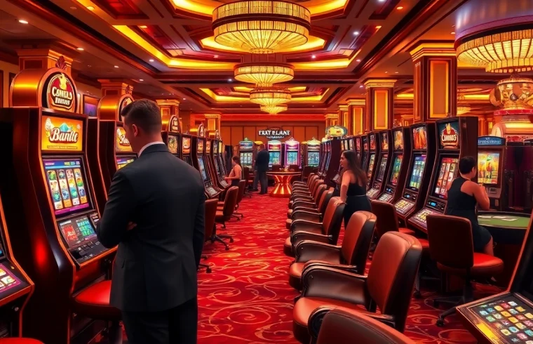 Experience slot gacor hari ini excitement with players interacting at luxury casino slot machines.