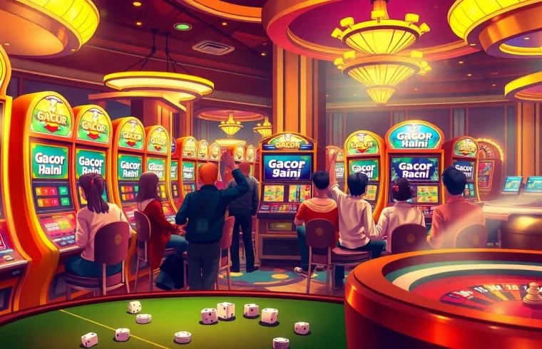 Engaging players at slot machines celebrating wins in a vibrant casino scene focused on slot gacor hari ini.