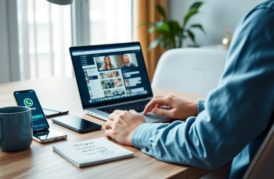 在现代工作区通过 WhatsApp Web 进行沟通的活跃用户，突出展示快连VPN的功能。