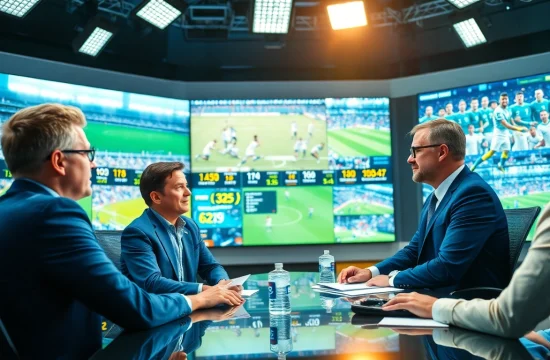 Commentators discussing Sports Broadcasting in a lively studio with technology and highlights.