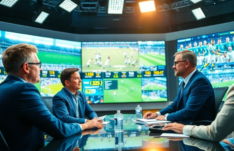 Commentators discussing Sports Broadcasting in a lively studio with technology and highlights.