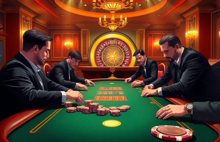 A thrilling poker game scene at 79king casino, showcasing excitement and luxury with high-stakes tables.
