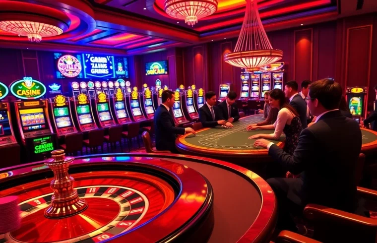 Dynamic casino scene featuring QQMACAN's gaming excitement with players at the tables and vibrant slot machines.