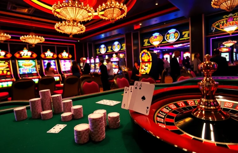 Players celebrating a win at the 789 club casino table with poker chips and cards.