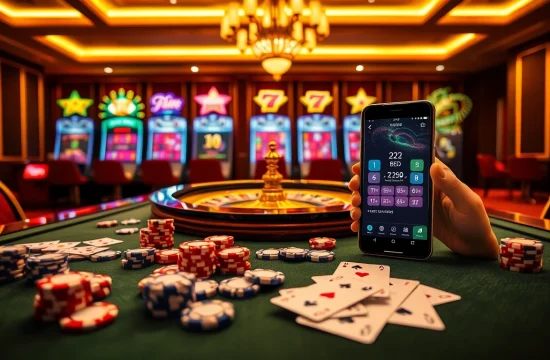 Engaging scene showcasing the 222BD app amidst vibrant casino elements like roulette and slot machines.
