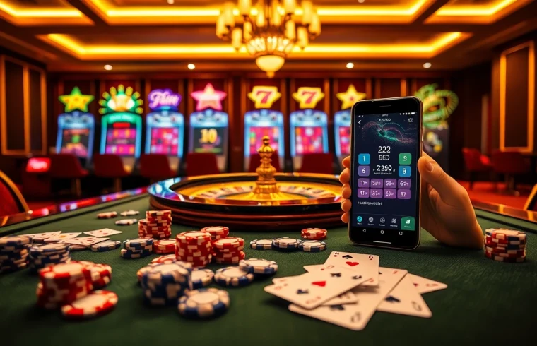 Engaging scene showcasing the 222BD app amidst vibrant casino elements like roulette and slot machines.