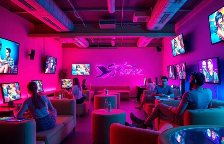 Engaging scene depicting players enjoying immersive porn games in a vibrant gaming lounge.