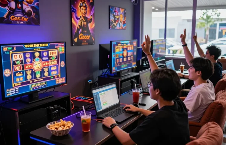 Teman-teman merayakan sambil bermain slot online gacor dalam suasana permainan yang energik.