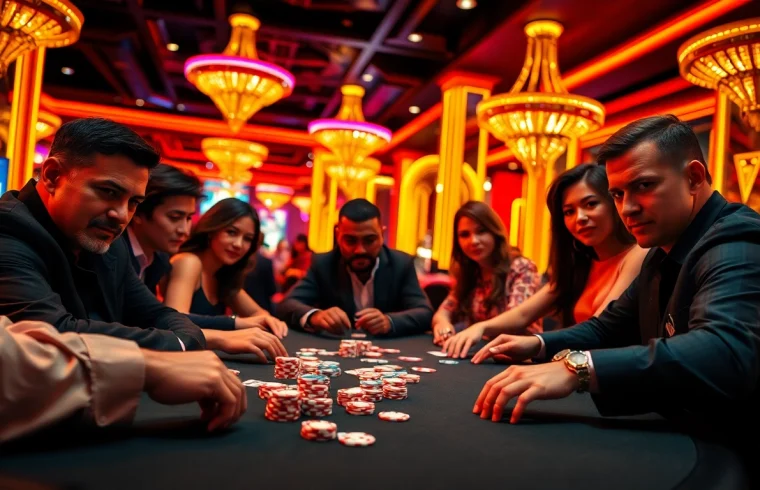 Erlebe die spannenden casinospiele.de mit Spielern am Pokertisch in einem luxuriösen Casino.