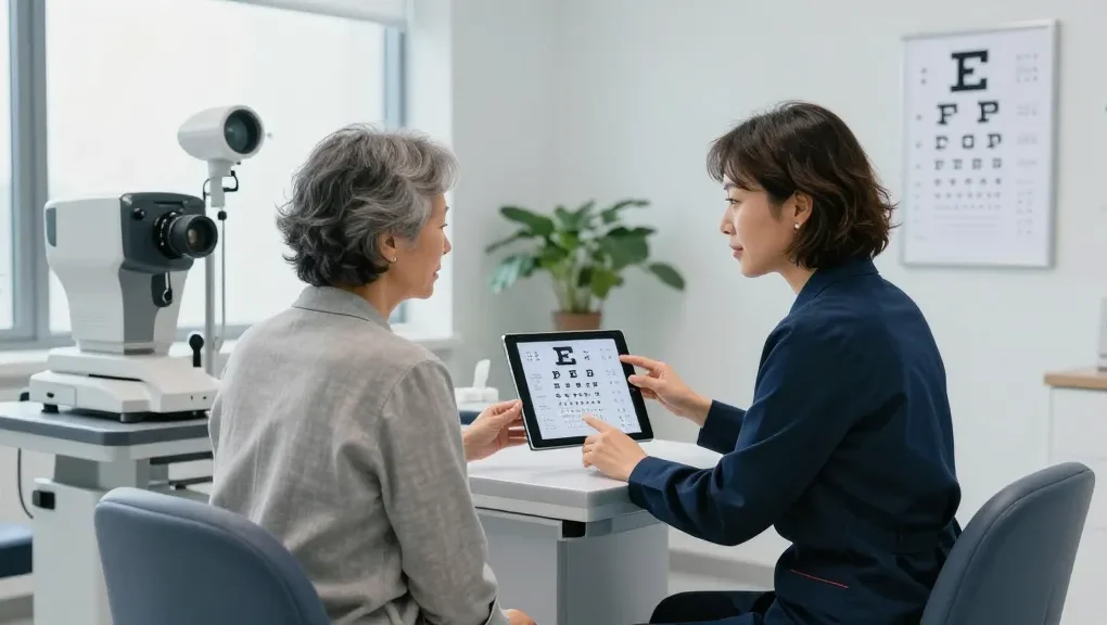 Patient consultation at snuseoulglobal.com, modern eye clinic with professional optometrist.