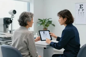 Patient consultation at snuseoulglobal.com, modern eye clinic with professional optometrist.