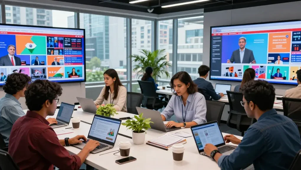 Dynamic newsroom at https://www.theindaily.com with diverse journalists sharing insights on India's current events.