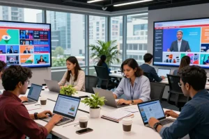 Dynamic newsroom at https://www.theindaily.com with diverse journalists sharing insights on India's current events.